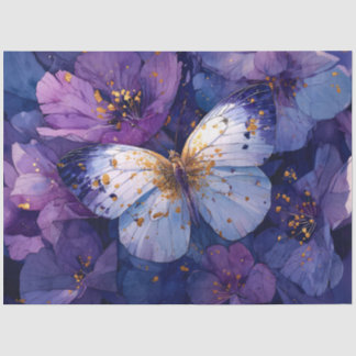 Blauer Schmetterling auf violetten Blumen Seidenpapier