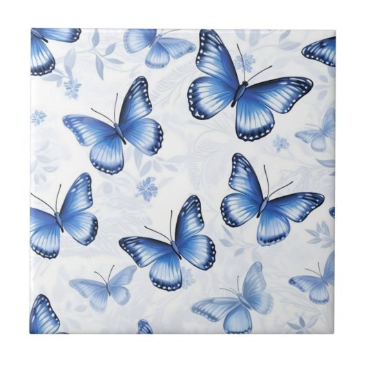 Blauer Schmetterling Blumenmuster Keramikfliese (Vorderseite)