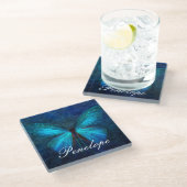 Blauer Schmetterling der Freude und des Glücks Glasuntersetzer (Schrägansicht)