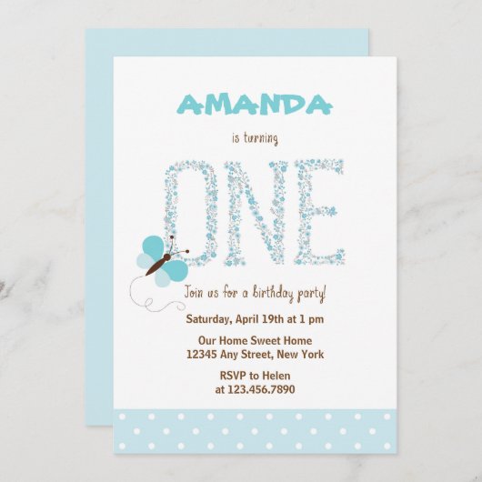 Blauer Schmetterling Einladung zum ersten Geburtst (Vorne/Hinten)