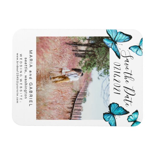 Blauer Schmetterling Frame Wedding Save the Date F Magnet (Horizontal)