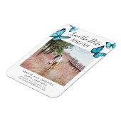 Blauer Schmetterling Frame Wedding Save the Date F Magnet (Linke Seite)