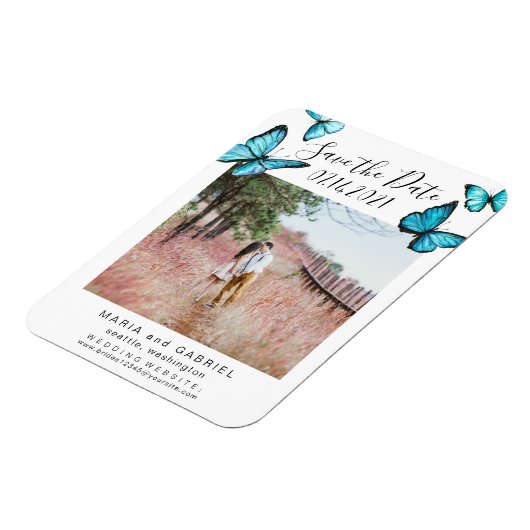 Blauer Schmetterling Frame Wedding Save the Date F Magnet (Linke Seite)