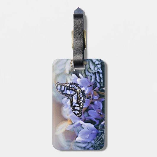 Blauer Schmetterling Gepäckanhänger (Rückseite vertikal)