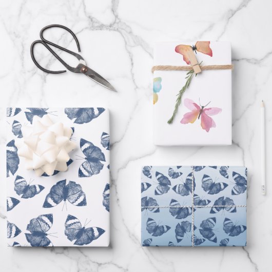 Blauer Schmetterling Geschenkpapier Set (Vorderseite)