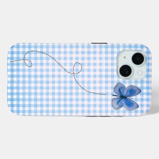 Blauer Schmetterling im Flug nach Gingham Case-Mate iPhone Hülle (Rückseite (Horizontal))