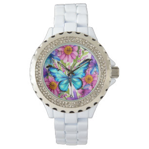 Blauer Schmetterling in einem Feld von Blume Armbanduhr