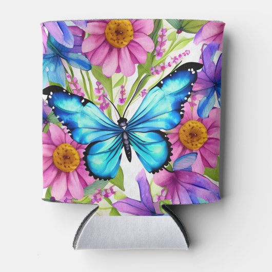 Blauer Schmetterling in einem Feld von Blume Dosenkühler (Vorderseite)