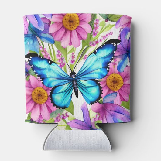 Blauer Schmetterling in einem Feld von Blume Dosenkühler (Rückseite)