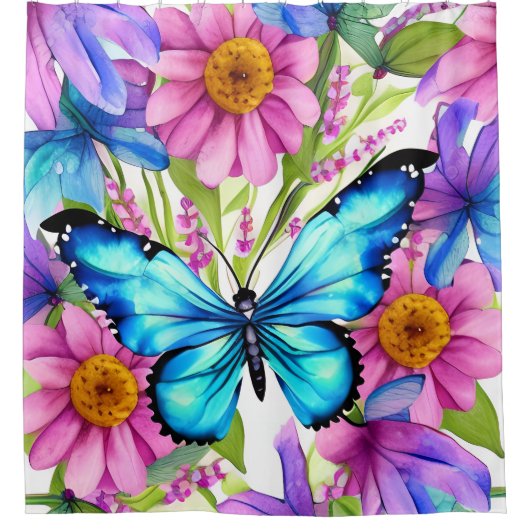 Blauer Schmetterling in einem Feld von Blume Duschvorhang (Vorderseite)