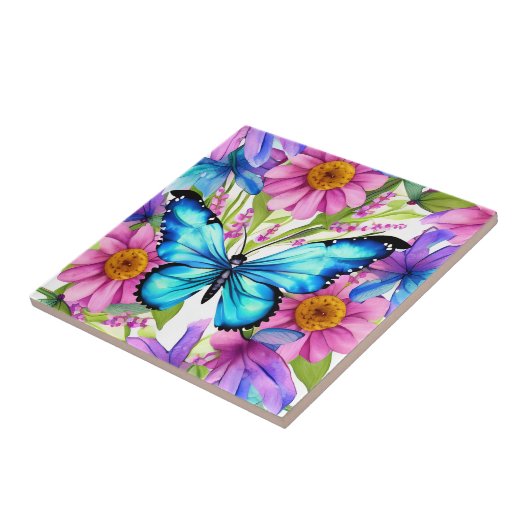 Blauer Schmetterling in einem Feld von Blume Fliese (Seite)