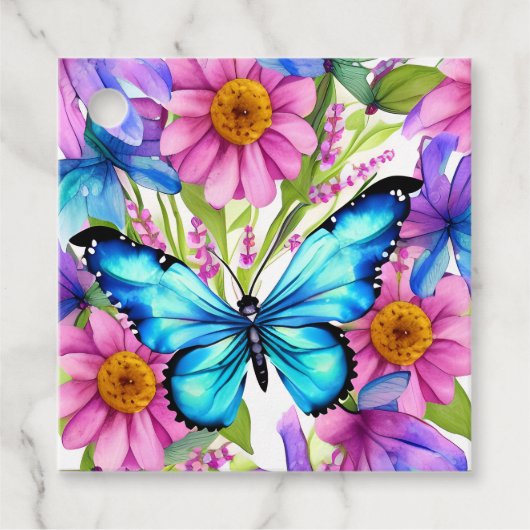 Blauer Schmetterling in einem Feld von Blume Geschenkanhänger (Vorderseite)