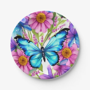 Blauer Schmetterling in einem Feld von Blume Pappteller