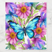 Blauer Schmetterling in einem Feld von Blume Weinetikett (Einzelnes Label)