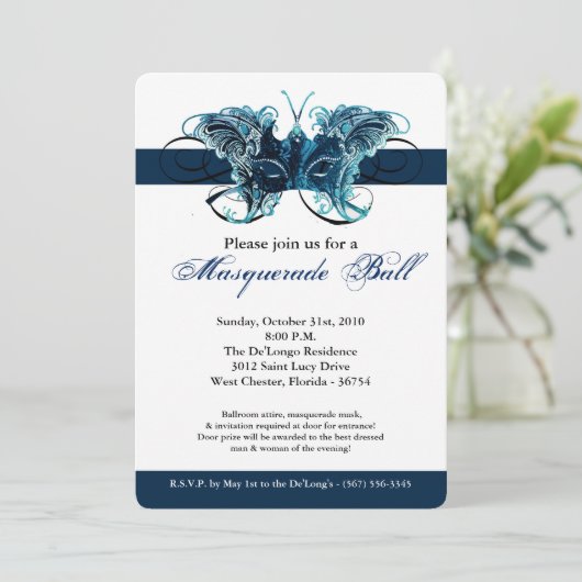 Blauer Schmetterling Masquerus Maskenmaske Hallowe Einladung (Stehend Vorderseite)