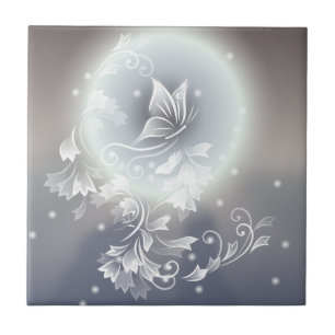 Blauer Schmetterling mit Blumen Grau Tier Fantasy Fliese
