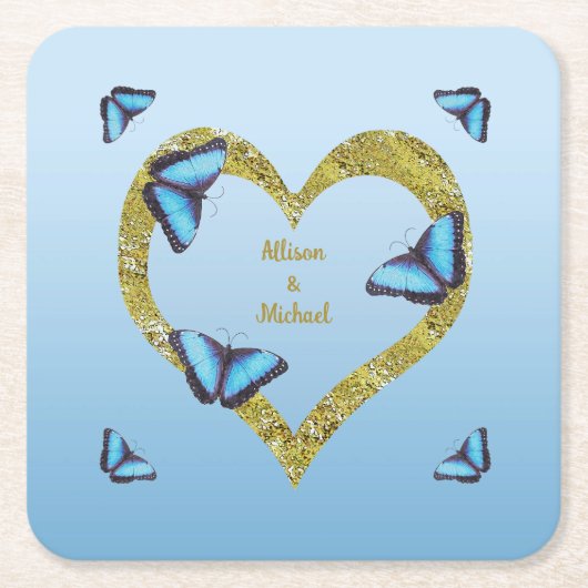 Blauer Schmetterling mit goldenem Herzen Rechteckiger Pappuntersetzer (Vorderseite)