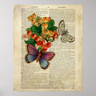Blauer Schmetterling mit roten Blume Vintage Kunst Poster
