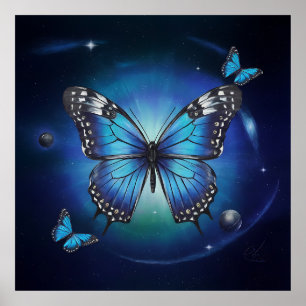 Blauer Schmetterling mit Sternen und Planeten ... Poster