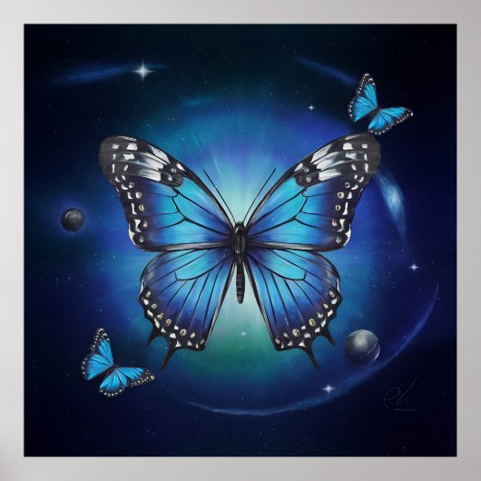 Blauer Schmetterling mit Sternen und Planeten ... Poster (Vorne)