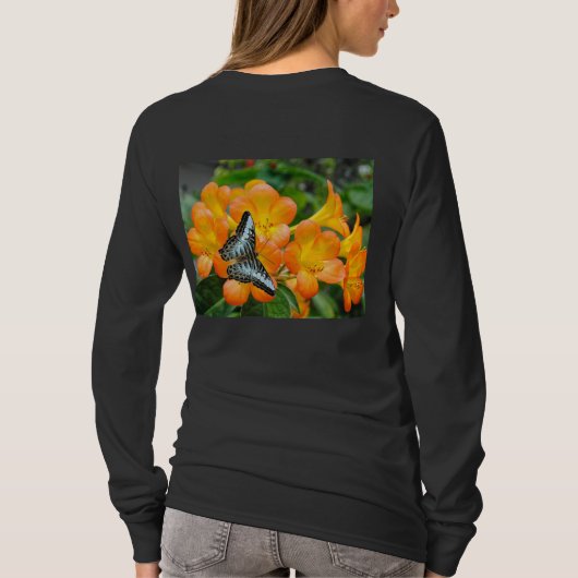 Blauer Schmetterling mit tropischem Rhododendron-T T-Shirt (Rückseite)