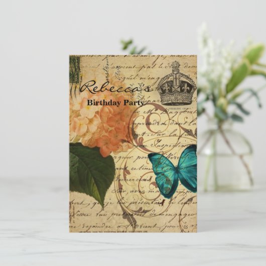 blauer Schmetterling Paris scripts französisches Einladung (Stehend Vorderseite)