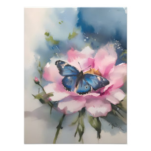 Blauer Schmetterling Perches auf rosa Blume Art Fotodruck