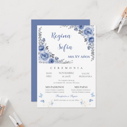 Blauer Schmetterling Quinceanera Einladung (Vorderseite/Rückseite Beispiel)