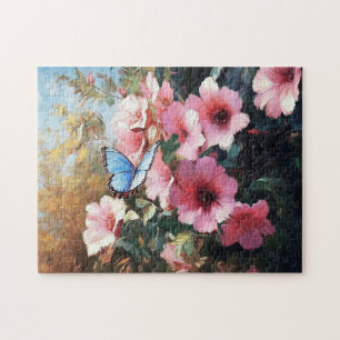 Blauer Schmetterling Rosa Blume Malerei Puzzle