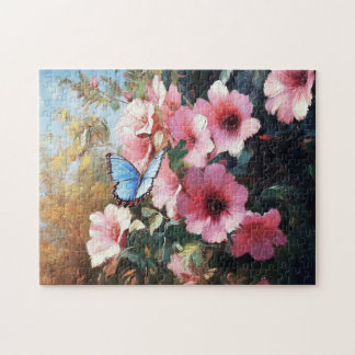 Blauer Schmetterling Rosa Blume Malerei Puzzle