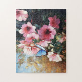 Blauer Schmetterling Rosa Blume Malerei Puzzle (Vertikal)