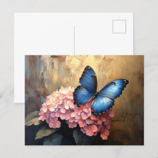 Blauer Schmetterling Rosa Blüten Postkarte