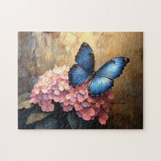 Blauer Schmetterling Rosa Blüten Puzzle