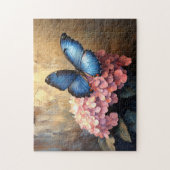 Blauer Schmetterling Rosa Blüten Puzzle (Vertikal)