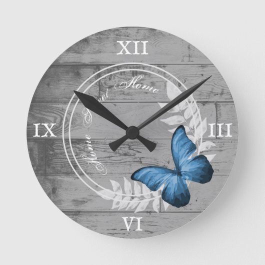 Blauer Schmetterling Rustikale Acrylwand Uhr (Vorderseite)