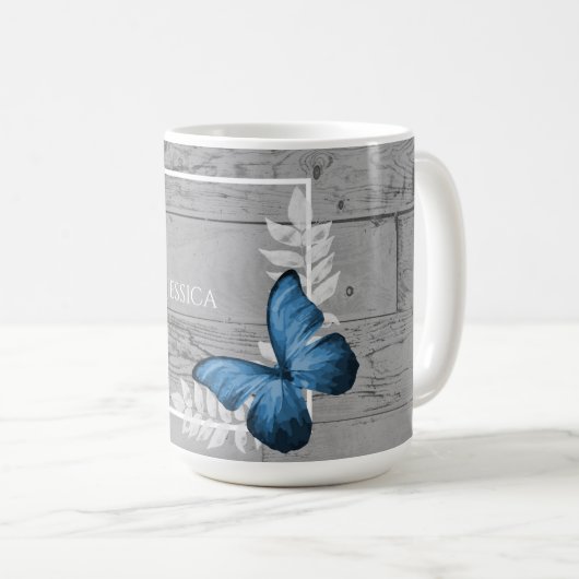 Blauer Schmetterling Rustikale Personalisierte Kaf Kaffeetasse (VorderseiteRechts)