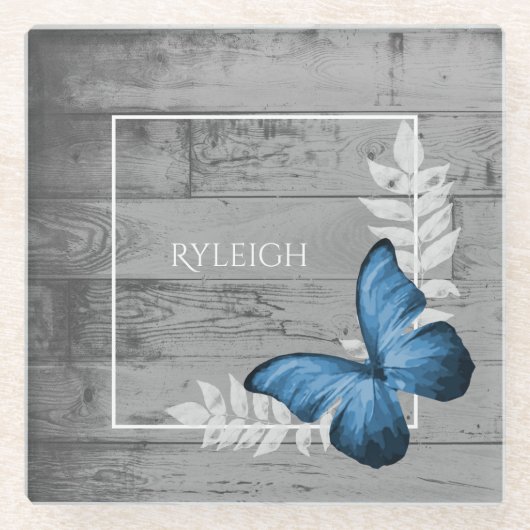 Blauer Schmetterling Rustikaler Personalisierter U Glasuntersetzer (Vorderseite)