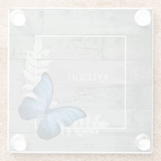 Blauer Schmetterling Rustikaler Personalisierter U Glasuntersetzer (Rückseite)
