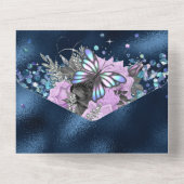 Blauer Schmetterling Schimmer lila Rose Glamour All In One Einladung (Rückseite)