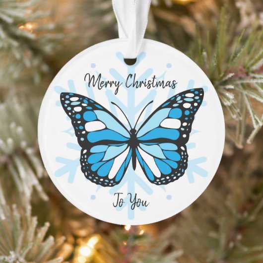 Blauer Schmetterling über Schneeflocken Weihnachte Ornament (Baum)