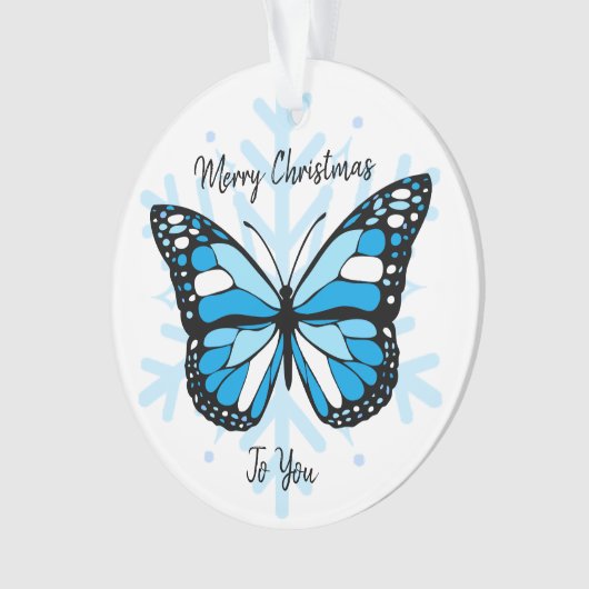 Blauer Schmetterling über Schneeflocken Weihnachte Ornament (Vorderseite)