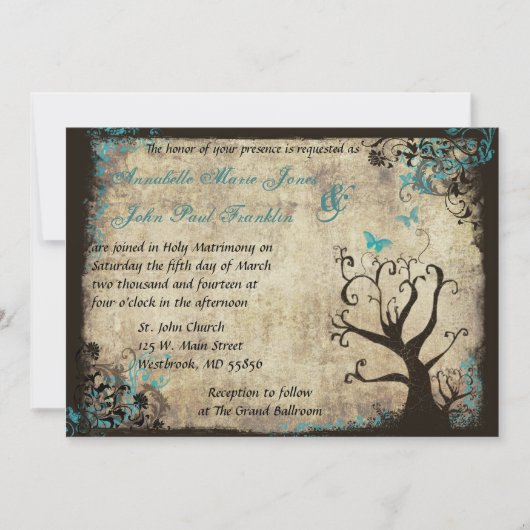 Blauer Schmetterling und Baum Vintage Hochzeit Ein Einladung (Vorderseite)