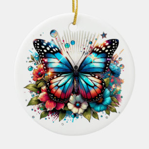 Blauer Schmetterling und Blume Personalisiert Weih Keramik Ornament