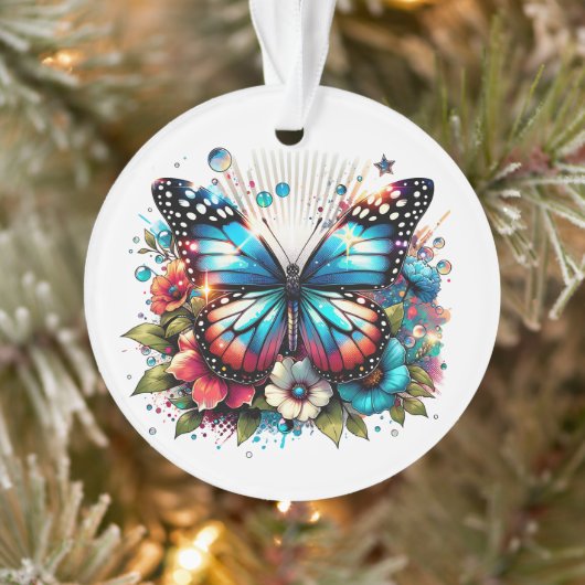 Blauer Schmetterling und Blume Personalisiert Weih Ornament (Baum)