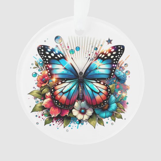 Blauer Schmetterling und Blume Personalisiert Weih Ornament (Vorderseite)