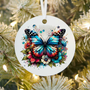 Blauer Schmetterling und Blume Personalisiert Weih Ornament Aus Metall