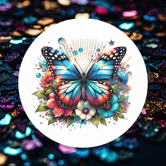 Blauer Schmetterling und Blume Runder Aufkleber