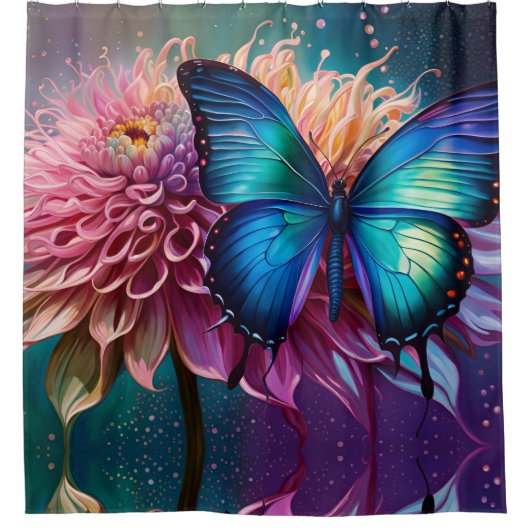 Blauer Schmetterling und der Dahlia Duschvorhang (Vorderseite)