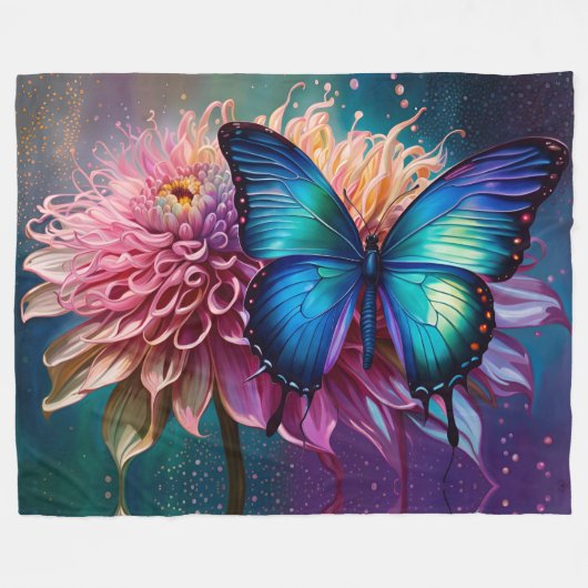 Blauer Schmetterling und der Dahlia Fleecedecke (Vorderseite (Horizontal))