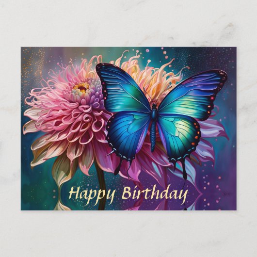 Blauer Schmetterling und der Dahlia Postkarte (Vorderseite)